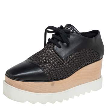 Pre Owned Stella McCartney Black Woven Faux Leather  Elyse Platform Derby Sneakers Size 38
