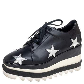 Pre Owned Stella McCartney Black Faux Leather Elyse Star Platform Lace Up Sneakers Size 35