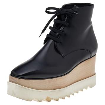 Pre Owned Stella McCartney Black Faux Leather Platform Lace Up Ankle Boots Size 38