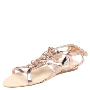 Pre Owned Stella McCartney Rose Gold Patent Leather Cutout Accent Gladiator Flat Sandals Size 38