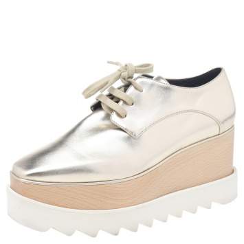Pre Owned Stella McCartney Gold Faux Leather Elyse Platform Derby Size 36