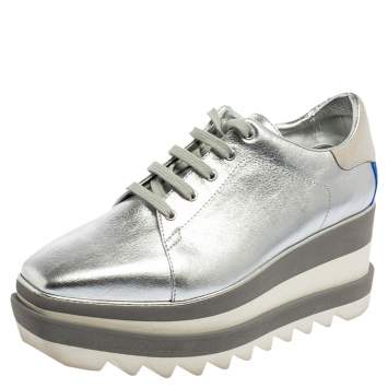 مملوكة مسبقًا Stella McCartney Silver Faux Leather Elyse Platform Derby Sneakers Size 37