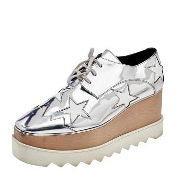 مملوكة مسبقًا Stella McCartney Silver/White Faux Patent And Leather Elyse Star Platform Lace Up Sneakers Size 38