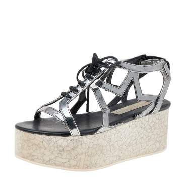 Pre Owned Stella McCartney Metallic Grey Faux Leather Hackney Platform Sandals Size 36