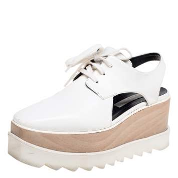Pre Owned Stella McCartney White Faux Leather Elyse Cutout Platform Derby Size 36