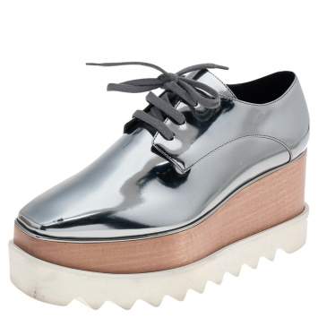 مملوكة مسبقًا Stella McCartney Metallic Grey Faux Patent Leather Elyse Platform Sneakers Size 36