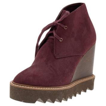 Pre Owned Stella McCartney Burgundy Faux Suede Lace Up Wedge Boots Size 37