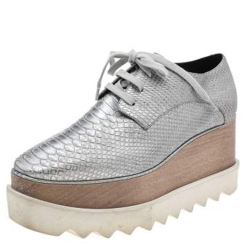 Pre Owned Stella McCartney Metallic Silver Faux Python Embossed Leather Elyse Platform Derby Size 36