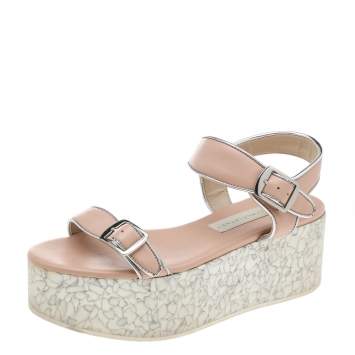 Pre Owned Stella McCartney Beige Faux Leather Geena Marble Wedge Platform Sandals Size 36