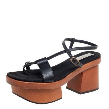 Pre Owned Stella McCartney Black Faux Leather Wooden Platform Sandals Size 39