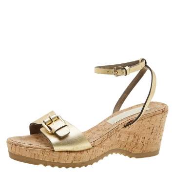 Pre Owned Stella McCartney Metallic Gold Faux Leather Linda Wedge Sandals Size 41