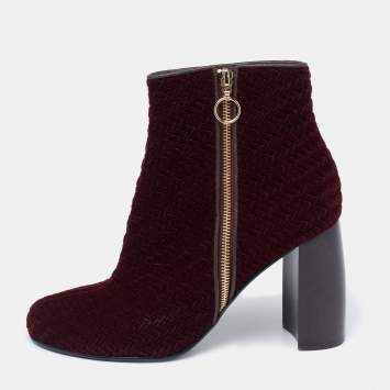 Pre Owned Stella McCartney Burgundy Woven Velvet Block Heel Ankle Heel Boots Size 40
