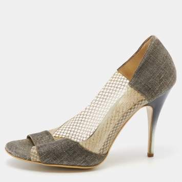 Pre Owned Stella McCartney Grey/Gold Canvas and PVC Peep Toe Pumps Size 36