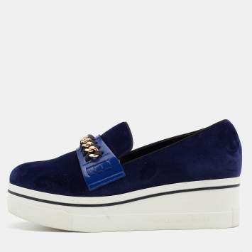 Pre Owned Stella McCartney Blue Velvet And Faux Leather Binx Chain Platform Loafers Size 38