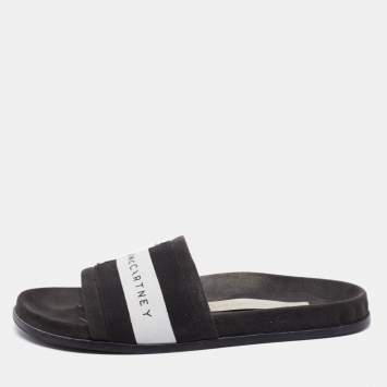 Pre Owned Stella McCartney Black/White  Faux Suede And Canvas Logo Slide Slippers Size 36