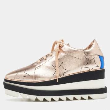 Pre Owned Stella McCartney Metallic Gold  Faux Perforated Leather Elyse Star Platform Derby Size 37