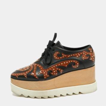 Pre Owned Stella McCartney Black/Brown Studded Appliquéd Faux Leather Platform Derby Sneakers Size 39