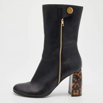 Pre Owned Stella McCartney Black Faux Leather Tortoise Block Heel "Percy" Ankle Boots Size 37