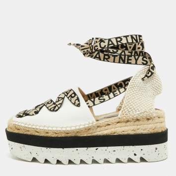 Pre Owned Stella McCartney White/Beige Canvas And Cotton Blend Gaia Ankle Wrap Espadrilles Sandals Size 39