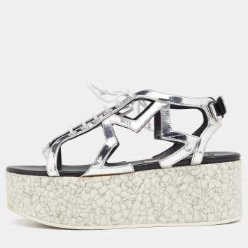 Pre Owned Stella McCartney Metallic Silver Cut Out Faux Leather Hackney Printed Wedge Platform Sandals Size 37