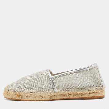 Pre Owned Stella McCartney Metallic Silver Mesh And Faux Leather Trims Slip On Espadrille Flats Size 37