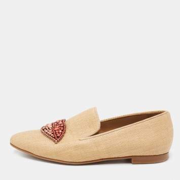 Pre Owned Stella McCartney Brown Woven Raffia Embellishment Tatami Smoking Slippers Size 35