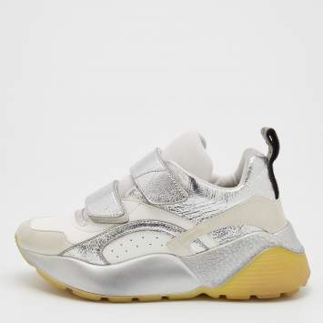 Pre Owned Stella McCartney White/Silver Faux Leather And Faux Suede Eclypse Velcro Sneakers Size 37