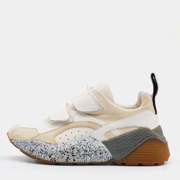 Pre Owned Stella McCartney Cream/White Faux Suede And Faux Leather Eclypse Velcro Strap Sneakers Size 35