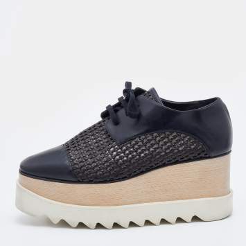 Pre Owned Stella McCartney Black Woven Faux Leather Elyse Platform Derby Size 38