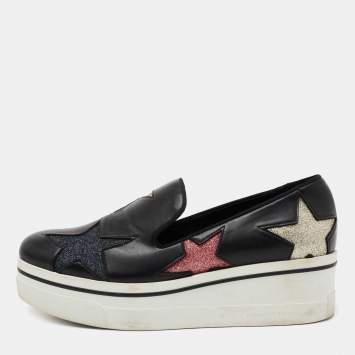 Pre Owned Stella McCartney Black Faux Leather Binx Star Platform Slip On Sneakers Size 38