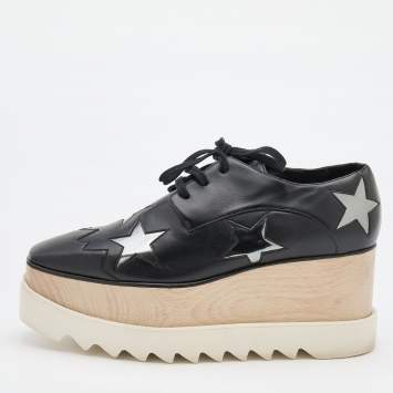 Pre Owned Stella McCartney Black Faux Leather Elyse Star Derby Sneakers Size 38.5