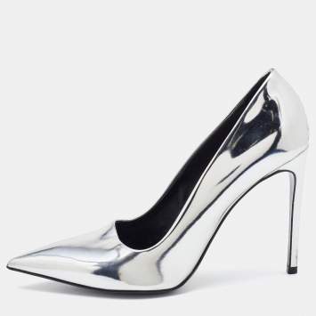 Pre Owned Stella McCartney Silver Faux Patent Leather Pointed Toe Pumps Size 38.5