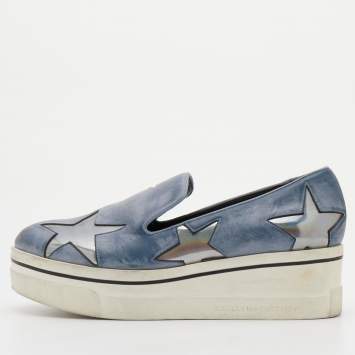 Pre Owned Stella McCartney Blue Two Tone Faux Leather Binx Star Slip On Sneakers Size 37