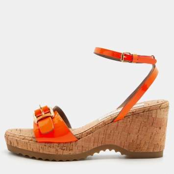 Pre Owned Stella McCartney Neon Orange Faux Patent Leather Cork Platform Wedge Ankle Strap Sandals Size 39