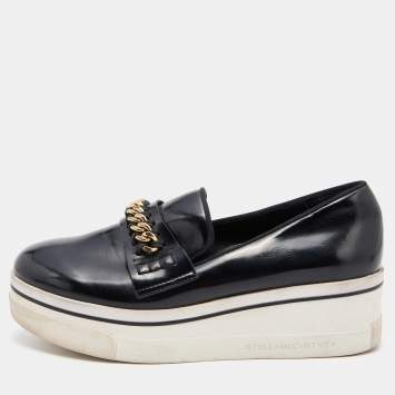 Pre Owned Stella McCartney Black Faux Leather Chain-Link Platform Slip On Sneakers Size 38