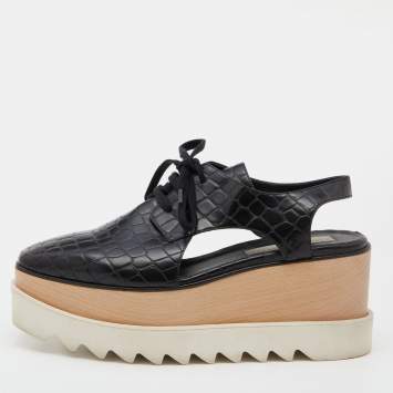 Pre Owned Stella McCartney Black Faux Croc Embossed Leather Elyse Cut Out Platform Derby Sneakers Size 38