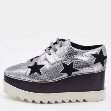 Pre Owned Stella McCartney Silver/Black Snakeskin Embossed Leather and Calfhair Elyse Star Platform Derby Size 38