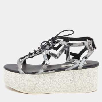 Pre Owned Stella McCartney Metallic Grey Faux Leather Hackney Platform Sandals Size 39