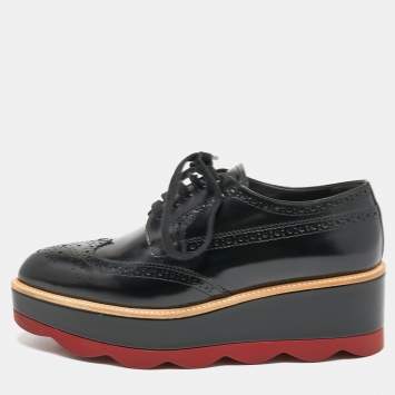 Pre Owned Prada Black Brogue Leather Platform Derby Sneaker Size 38.5