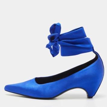 Pre Owned Stella McCartney Blue Satin Hemy Bow Ankle Tie Pumps Size 39