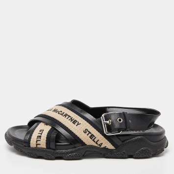 Pre Owned Stella McCartney Black/Beige Faux Leather and Canvas Crossover Flat Sandals Size 36