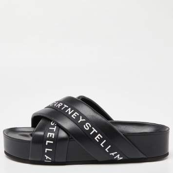 Pre Owned Stella McCartney Black/White Faux Leather Vesta Slide Slippers Size 41