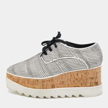 Pre Owned Stella McCartney White/Black Woven Faux Leather Elyse Cork Wedge Platform Derby Sneakers Size 39