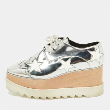 Pre Owned Stella McCartney Silver/White Faux Patent And Faux Leather Elyse Star Platform Lace Up Sneakers Size 38