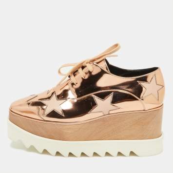 مملوكة مسبقًا Stella McCartney Metallic Rose Gold Faux Patent Leather Elyse Star Platform Lace Up Sneakers Size 37