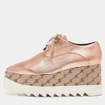 Pre Owned Stella McCartney Rose Gold/Beige Faux Leather Monogram Elyse Platform Derby Sneakers Size 37