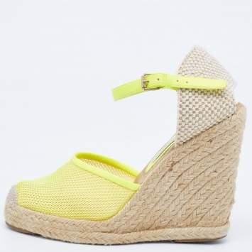 Pre Owned Stella McCartney Neon Yellow Mesh Espadrille Wedge Ankle Strap Pumps Size 37