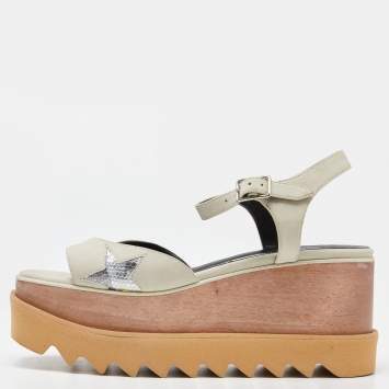 Pre Owned Stella McCartney Off White/Silver Faux Leather Elyse Star Platform Ankle Strap Sandals Size 38
