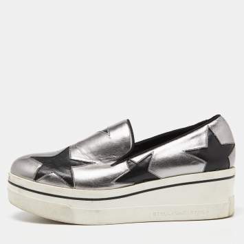 Pre Owned Stella McCartney Silver/Black Faux Leather Binx Star Slip On Sneakers Size 37