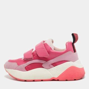 Pre Owned Stella McCartney Pink Faux Leather And Fabric Velcro Strap Eclypse Low Top Sneakers Size 38